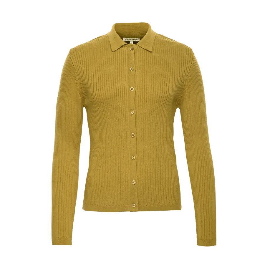 Damen Rippstrickjacke mit Polokragen UNARA in Gelb aus Baumwolle – mit Ripp-Struktur