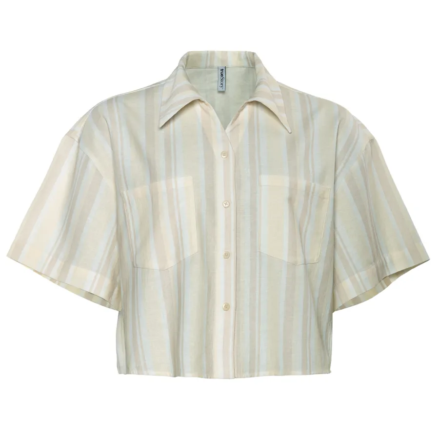 Damen Verkürzte Hemdbluse FEVEN in Sand/natural striped aus Baumwolle mit Leinen