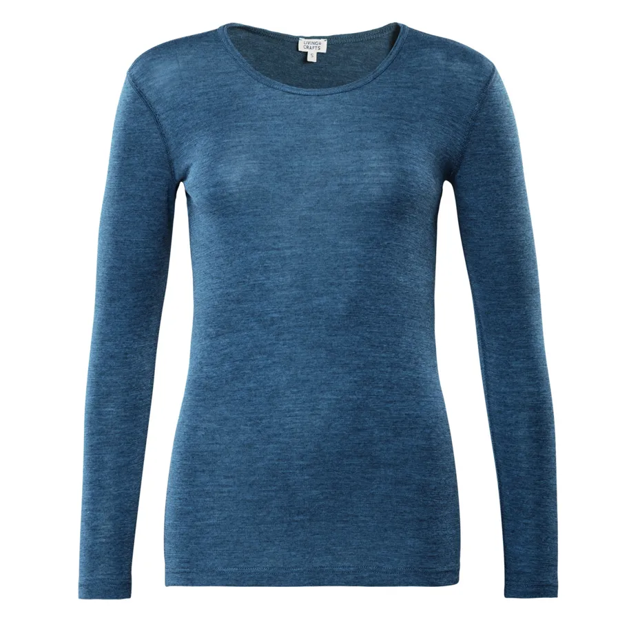 Damen Langarm-Unterhemd BIANCA in Blau aus Merinowolle – atmungsaktiv