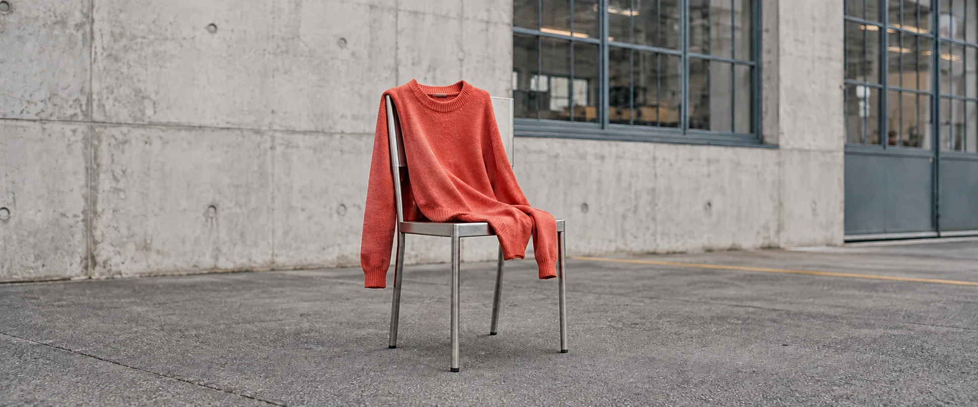 Korallfarbener Strickpullover locker über einem Metallstuhl im hellen Industriehof