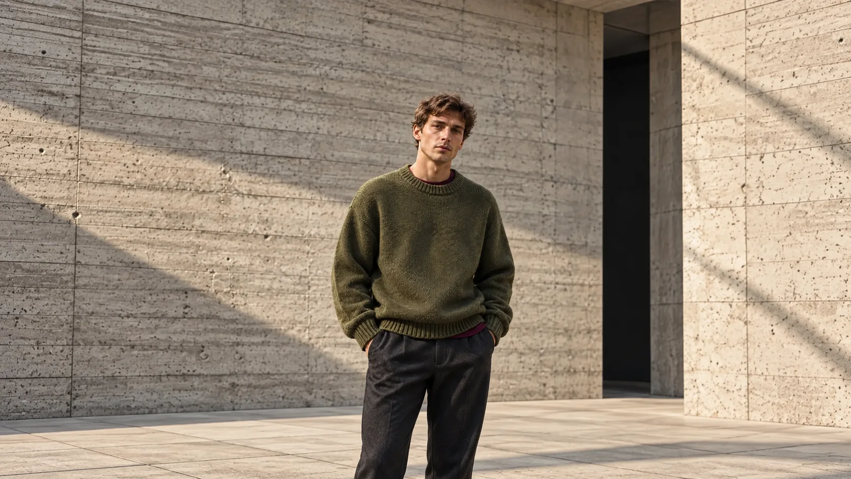 Mann mit olivgrünem Strickpullover vor einer Betonwand